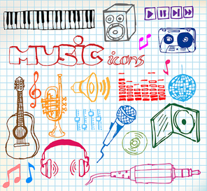 Set of colored music hand-drawn icons on squared paper