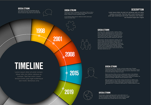Vector Infographic timeline template made from colorful wheel - dark version
