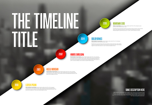 Vector Infographic timeline report template with big photo placeholder, icons, years and color buttons on white diagonal stripe. Business company overview profile.