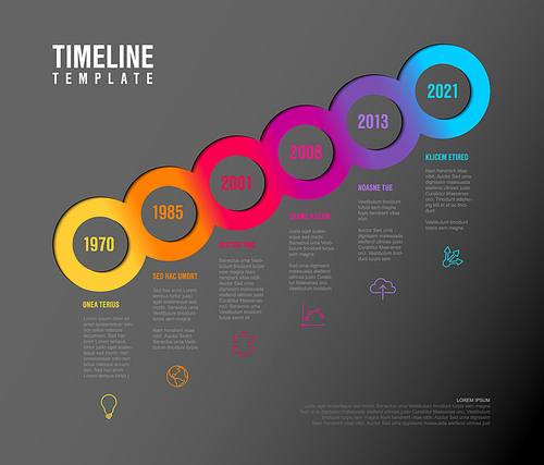 Vector diagonal Infographic Company Milestones Timeline Template with circles, text placeholders and icons - dark rainbow version