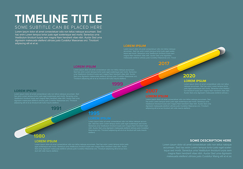 Vector glassy diagonal infographic Company Milestones Timeline Template with dates and other information - dark teal version
