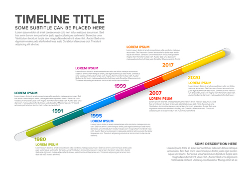 Vector glassy diagonal infographic Company Milestones Timeline Template with dates and other information