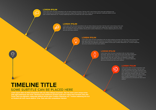 Vector infographic diagonal timeline report template with bubbles - dark yellow version