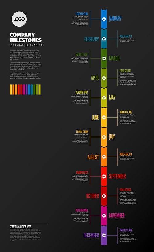 full year timeline template with all months on a vertical time line - dark  version
