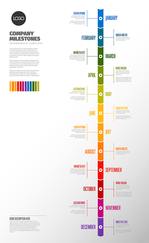 Full year timeline template with all months on a vertical time line