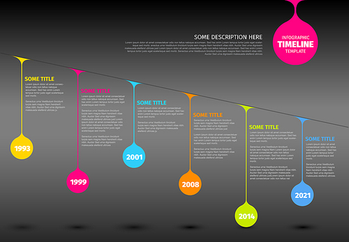 Colorful  Vector Infographic timeline report template with colorful drops on a line - dark version