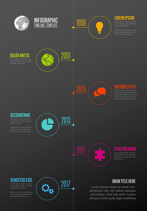 Vector  Infographic Company Milestones Timeline Template with circle icon pointers on a straight vertical  time line - dark background version