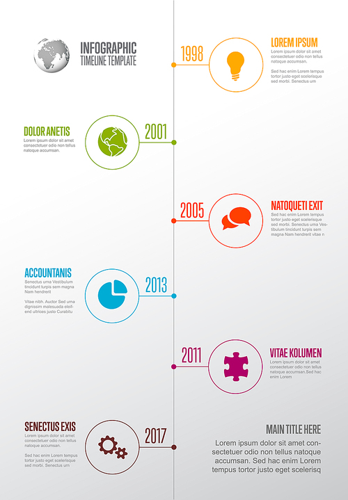 Vector  Infographic Company Milestones Timeline Template with circle icon pointers on a straight vertical  time line