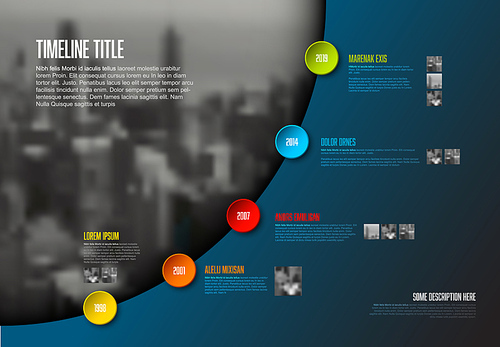 Vector Infographic timeline report template with big photo placeholder, icons, photos, years and color buttons. Business company overview profile - dark version