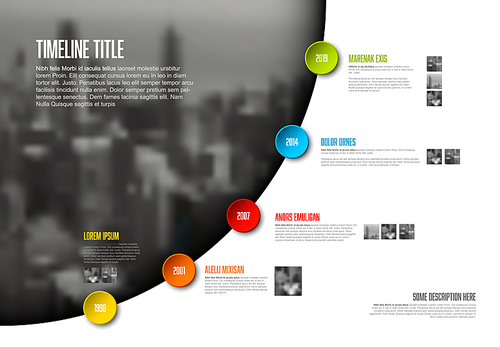 Vector Infographic timeline report template with big photo placeholder, icons, photos, years and color buttons. Business company overview profile - light version