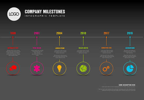 Vector Infographic Company Milestones Timeline Template with pointers on a straight horizontal time line - dark version