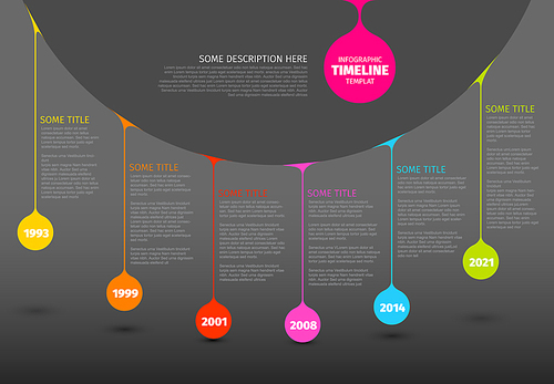 Colorful  Vector Infographic timeline report template with colorful drops on a line - dark version