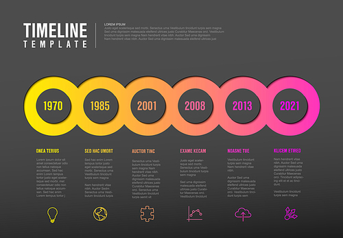 Vector Infographic Company Milestones Timeline Template with circles, text placeholders and icons - dark red version