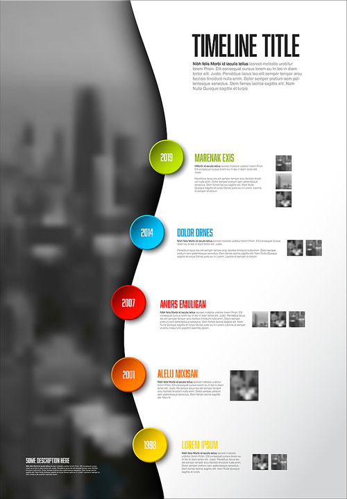 Vector Infographic timeline report template with big photo placeholder, icons, photos, years and color buttons. Business company overview profile.