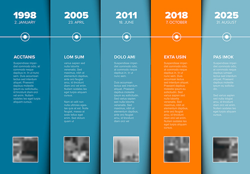 Vector Infographic Company Milestones Timeline Template with photo placeholders on blue nad orange stripes