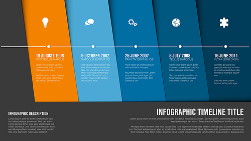 Vector Infographic Company Milestones Timeline Template with blue nad orange diagonal stripes
