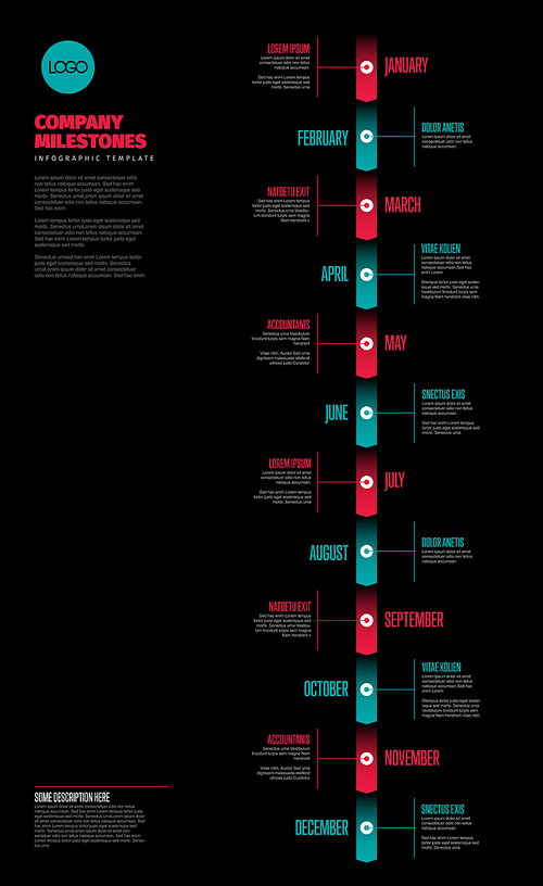 Full year timeline template with all months on a vertical time line - dark red and teal version
