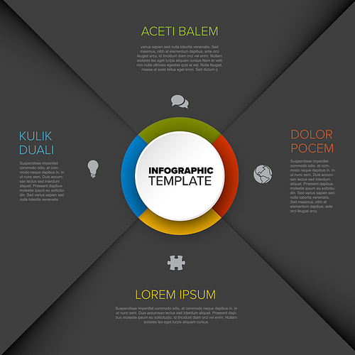 Four options diagram template with color circle in the middle - multipurpose universal infographic template - dark version