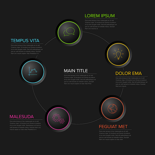 Five circles diagram template with color circle buttons - multipurpose dark infographic