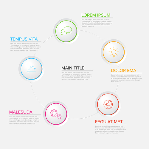 Five circles diagram template with color circle buttons - multipurpose infographic