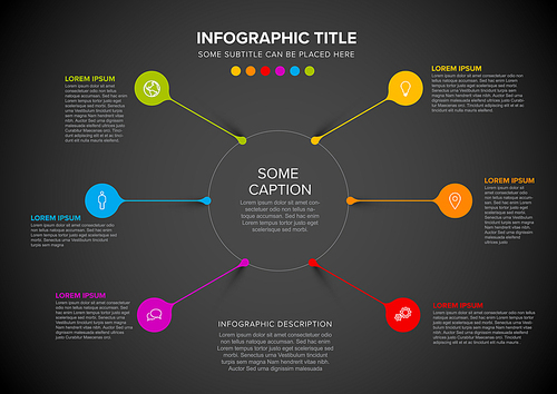 Vector multipurpose Infographic template made from circle and droplet pins - dark version