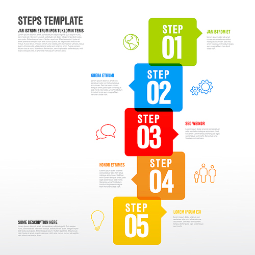 Vector five steps progress infographic vertical template made from arrow bubbles and icons