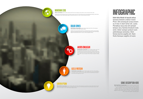 Vector Infographic template with big photo placeholder, icons and color buttons. Business company overview profile.