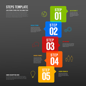 Vector five steps progress infographic vertical template made from arrow bubbles and icons - dark version