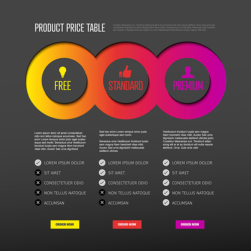 Product price table template with three options and modern colors on a dark background