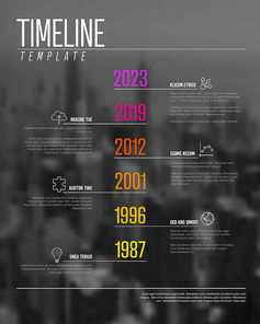 Vector Infographic timeline template with big year numbers, icons, description and the corporate photo in the background