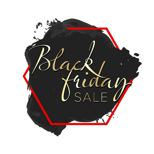 Black Friday sale label - black splash with red frame and golden text content