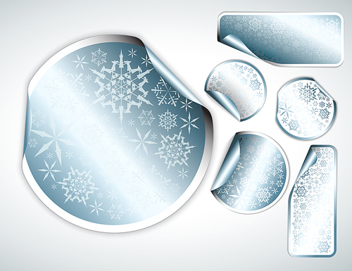 White Christmas labels and stickers with chrome border and snowflakes pattern (vector)