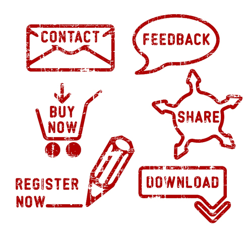 Simple red vector contact, feedback, share, buy, download, register stamps