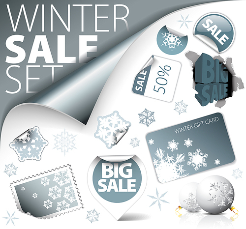 Set of silver winter discount tickets, labels, stamps, stickers, corners, tags (vector)