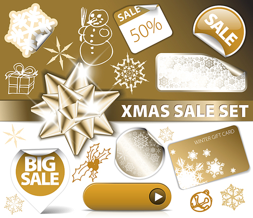 Set of Christmas golden discount tickets, labels, stamps, stickers, corners, tags