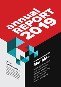Vector abstract annual report cover template with abstract isometric illustration - black and white   vertical version with red and teal accent