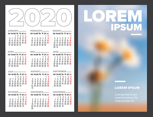 Business card size 2020 calendar template - front and back side