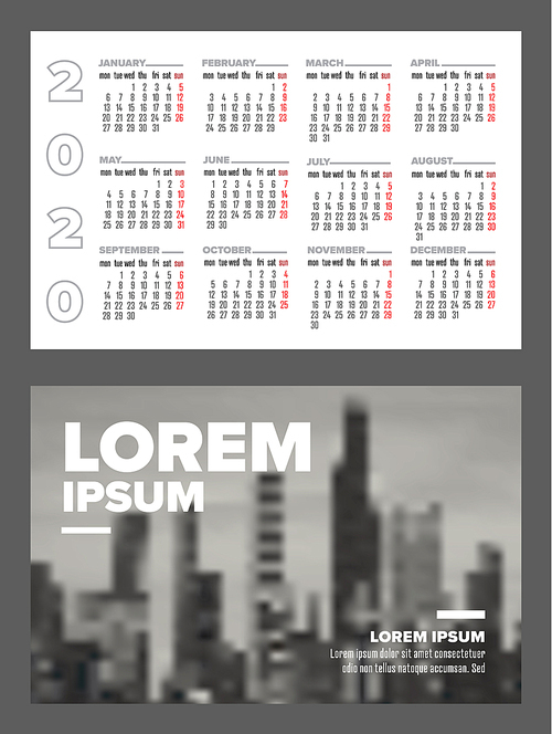 Business card size 2020 calendar template - front and back side - horizontal version