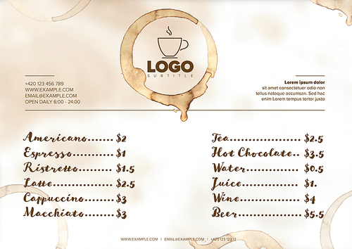 Modern light brown grunge coffee restaurant menu template with two columns design layout and nice typography