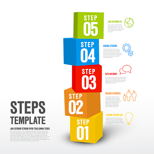 Vector five steps progress infographic vertical template made from colorful cubes and icons