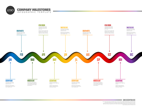 Full year timeline template with all months on a horizontal rainbow curved time line