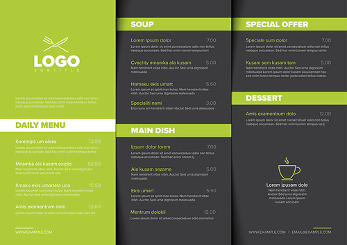 Modern dark minimalistic restaurant menu template with three columns design layout, green accent and nice typography