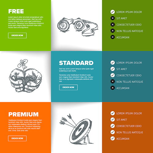 Product / service price comparison table with content squares and nice illustration