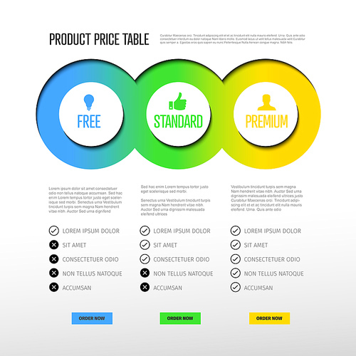 Product price table template with three options and modern colors on a light background