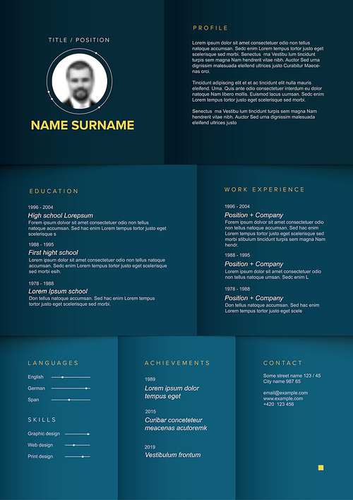 Vector dark minimalist cv / resume template with dark blue color blocks design