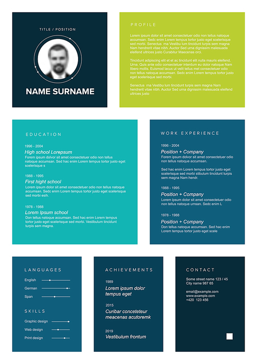 Vector dark minimalist cv / resume template with color blocks design