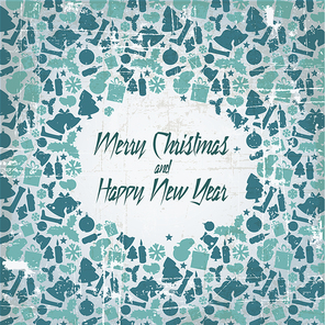 Retro christmas vector card with seasonal pattern - blue and teal