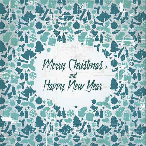 Retro christmas vector card with seasonal pattern - blue and teal