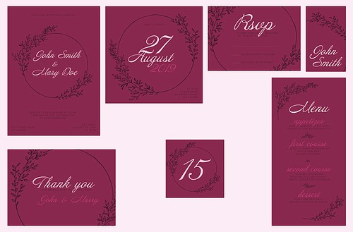 Modern dark Wedding suite collection card templates with light labels and floral decorations - invitation, save the date card, rsvp, thank you card, table number, table name card, menu