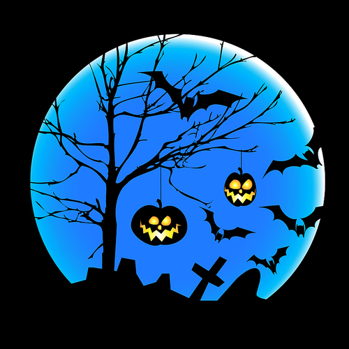 Halloween illustration with pumpkins, bats and big moon